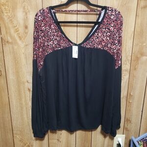 Maurices Black Blouse with Red Floral detailing